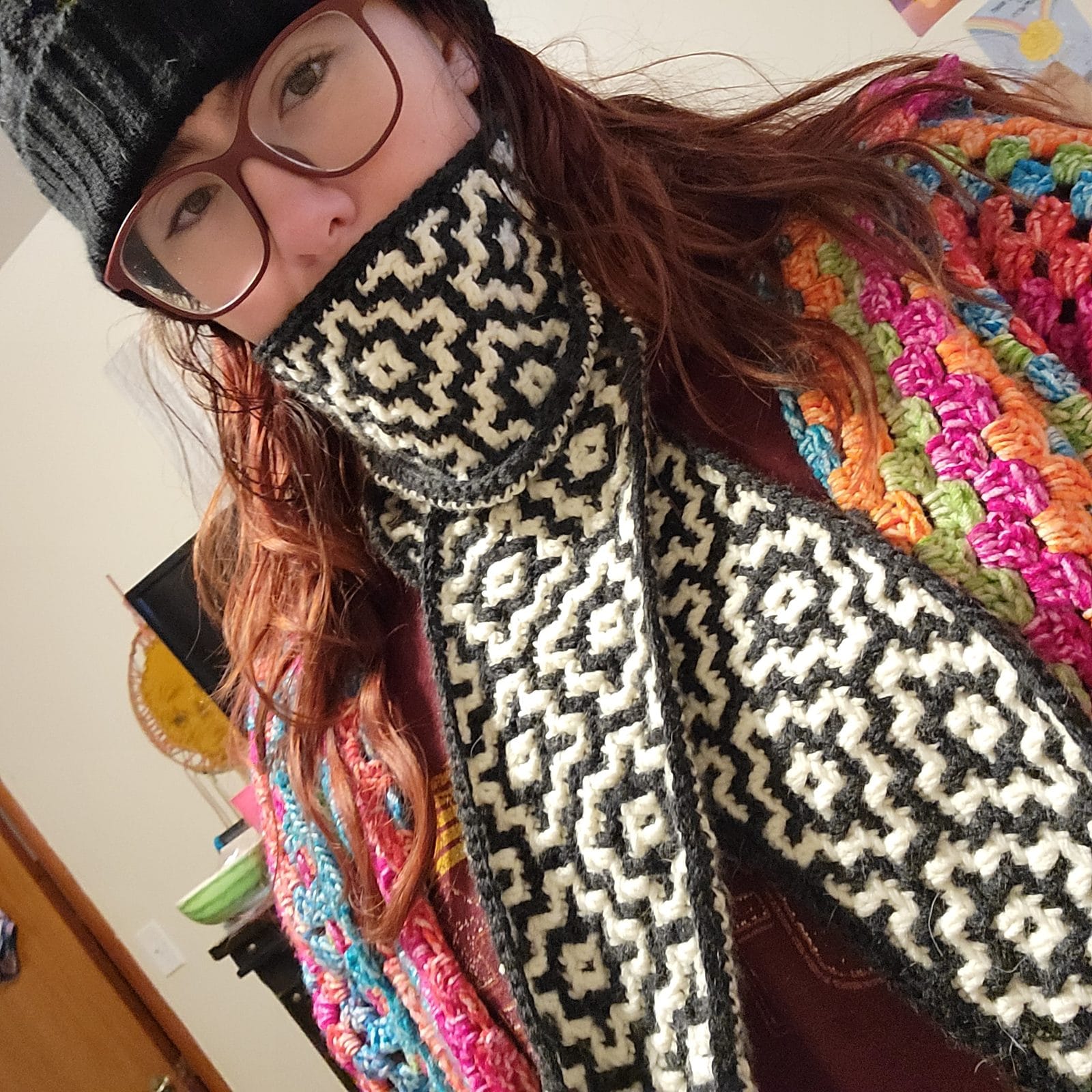 Kat wearing a mosaic scarf